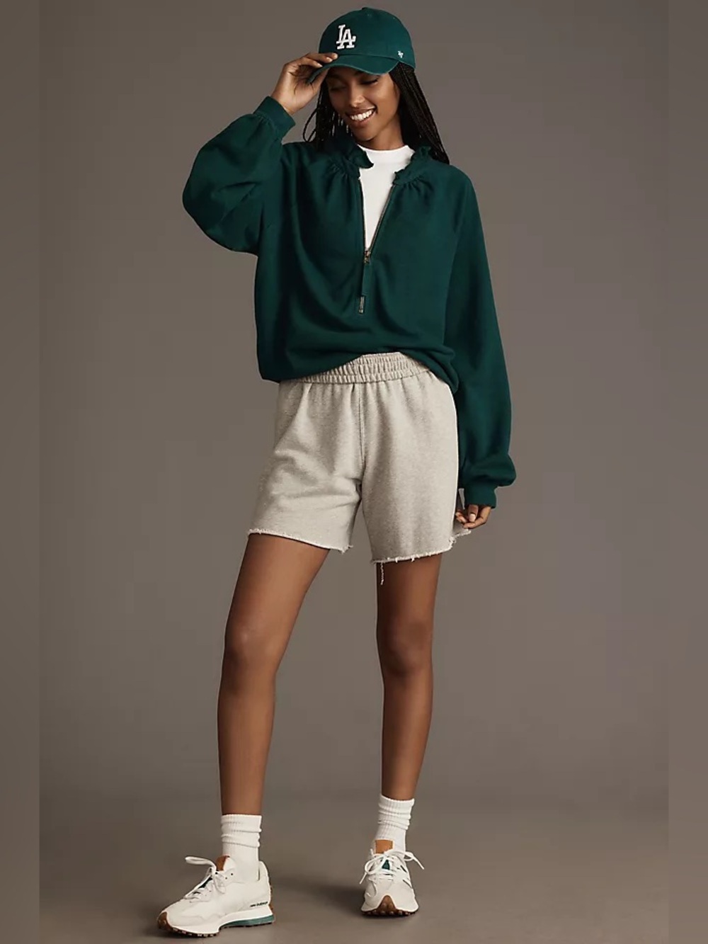 Anthropologie Pilcro Puff-Sleeve Half-Zip Pullover forest green sporty preppy